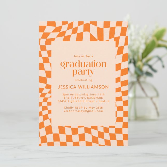 Retro Orange Abstract Chequerboard Graduation Invitation (Standing Front)