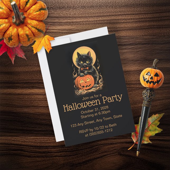 Retro Orange and Black Cat Halloween Invitation (Cute Cat Halloween Party Invitation)