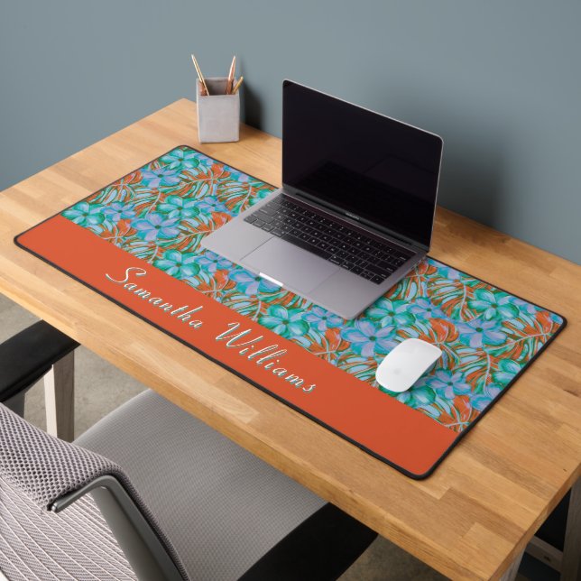 Retro Orange and Blue Florals Desk Mat (Office 2)
