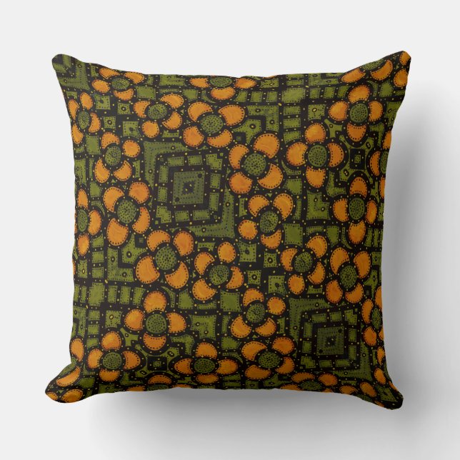 Retro Orange And Green Floral Pattern Cushion (Front)