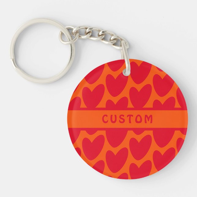 Retro Orange and Groovy Red Hearts Key Ring (Front)