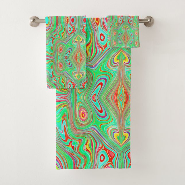 Retro Orange and Lime Green Abstract Pattern Bath Towel Set (Insitu)