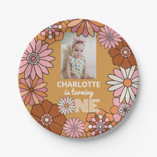 Retro Orange and Pink Daisy First Birthday  Paper Plate