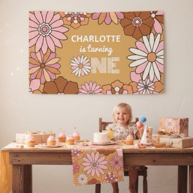 Retro Orange and Pink Floral Daisy First Birthday Banner (Creator Uploaded)