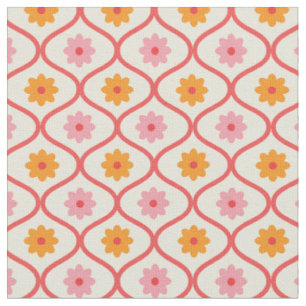 Retro Orange and Pink flowers on Ogee Pattern Fabric