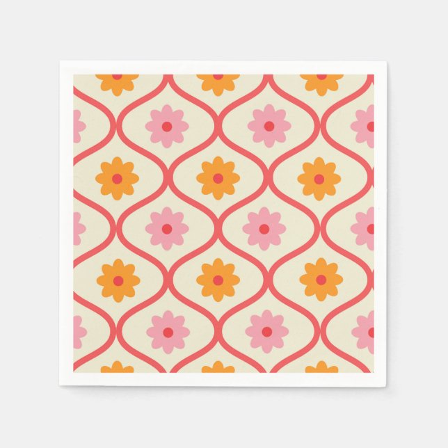 Retro Orange and Pink flowers on Ogee Pattern  Napkin (Front)