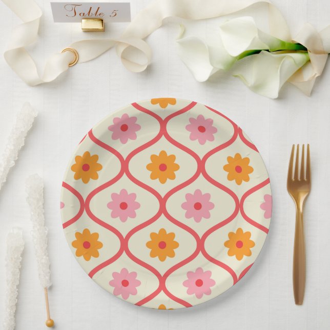 Retro Orange and Pink flowers on Ogee Pattern  Paper Plate (Wedding)