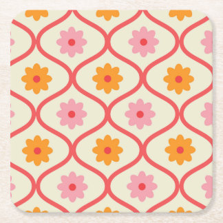 Retro Orange and Pink flowers on Ogee Pattern  Square Paper Coaster