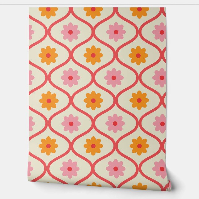 Retro Orange and Pink flowers on Ogee Pattern  Wallpaper (Unrolling)