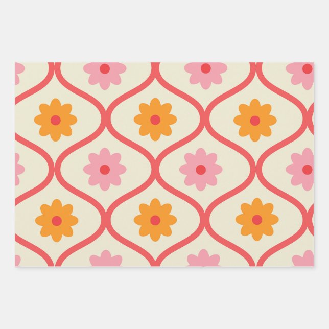 Retro Orange and Pink flowers on Ogee Pattern  Wrapping Paper Sheet (Front)