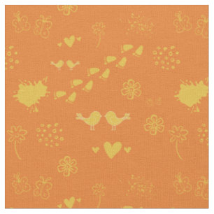 Retro orange and yellow pattern of birds, dots, fabric