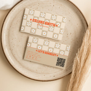 Retro Orange Beige QR Code Checkered Groovy Floral Business Card
