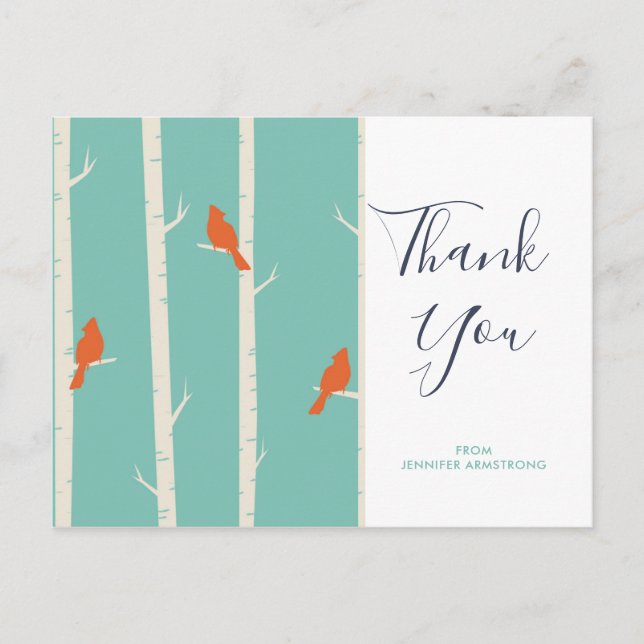 Retro Orange Birds on Birch Tree Thank You Postcard (Front)