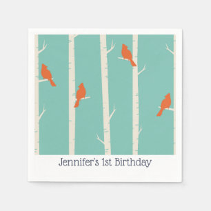 Retro Orange Birds on Birch Trees Birthday Napkin