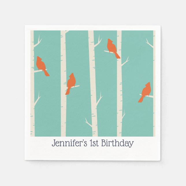 Retro Orange Birds on Birch Trees Birthday Napkin (Front)