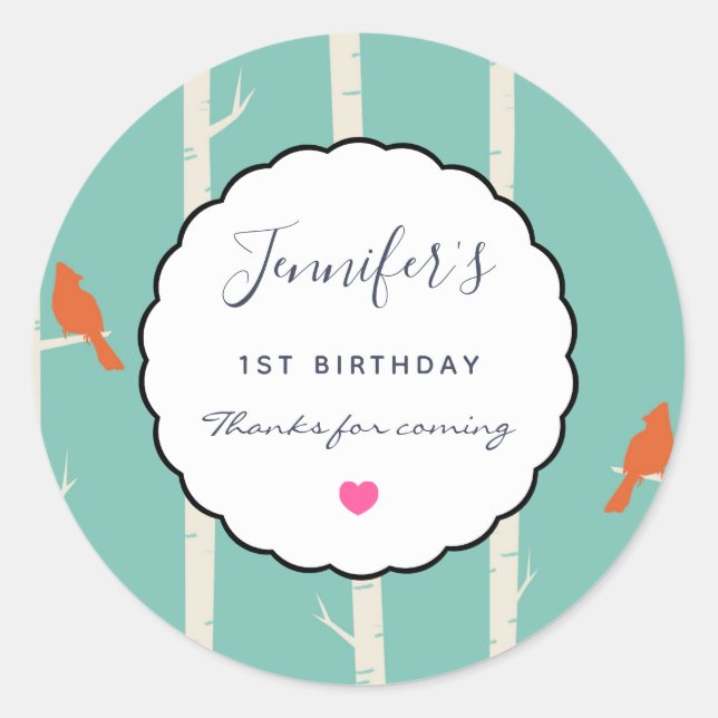 Retro Orange Birds on Birch Trees Birthday Thanks Classic Round Sticker (Front)