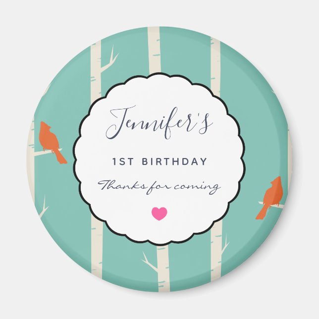 Retro Orange Birds on Birch Trees Birthday Thanks Magnet (Front)