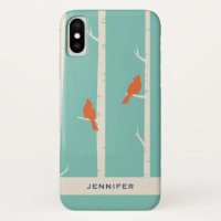 Retro Orange Birds on Birch Trees Illustration