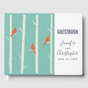 Retro Orange Birds on Birch Trees Illustration Guest Book
