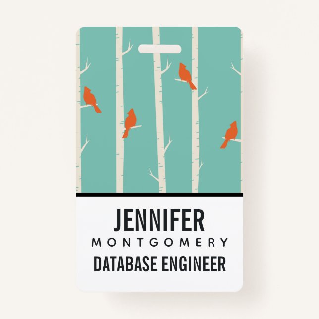 Retro Orange Birds on Birch Trees Illustration ID Badge (Front)