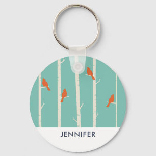 Retro Orange Birds on Birch Trees Illustration Key Ring