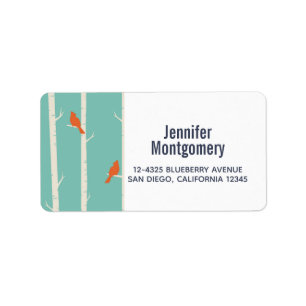 Retro Orange Birds on Birch Trees Illustration Label
