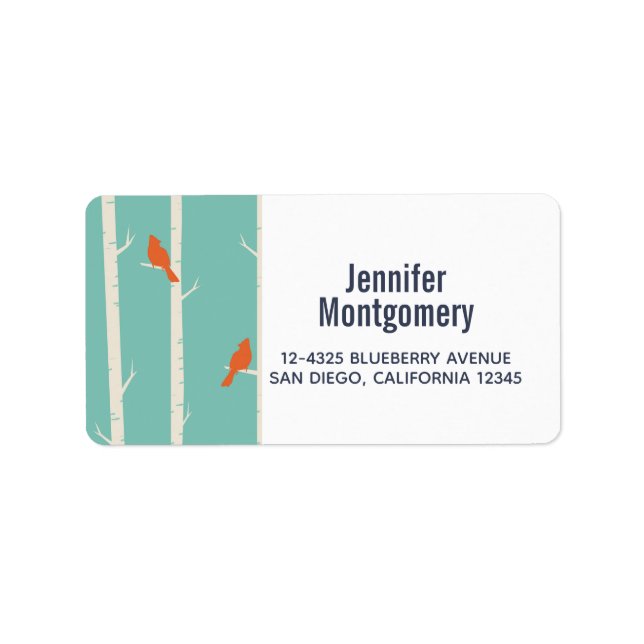 Retro Orange Birds on Birch Trees Illustration Label (Front)
