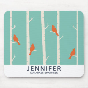 Retro Orange Birds on Birch Trees Illustration Mouse Mat