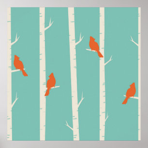 Retro Orange Birds on Birch Trees Illustration Poster