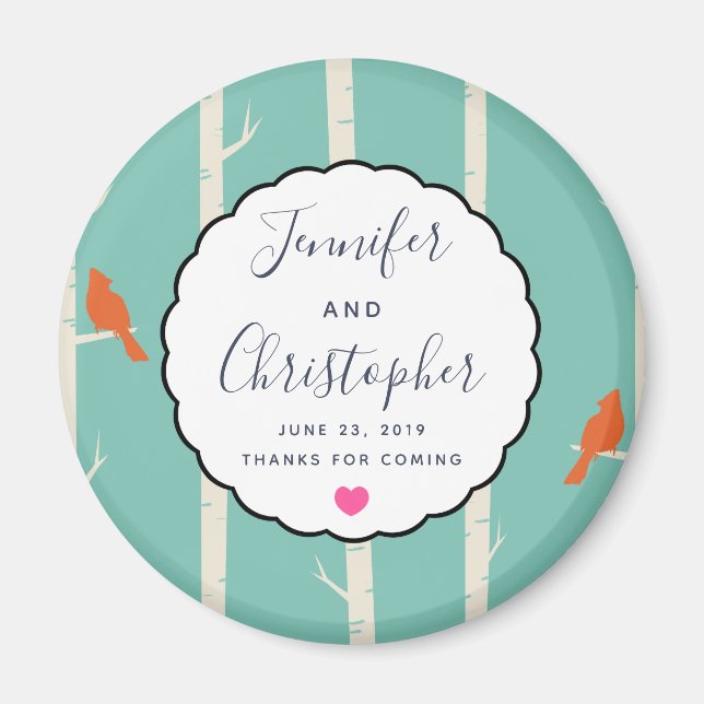 Retro Orange Birds on Birch Trees Wedding Thanks Magnet (Front)