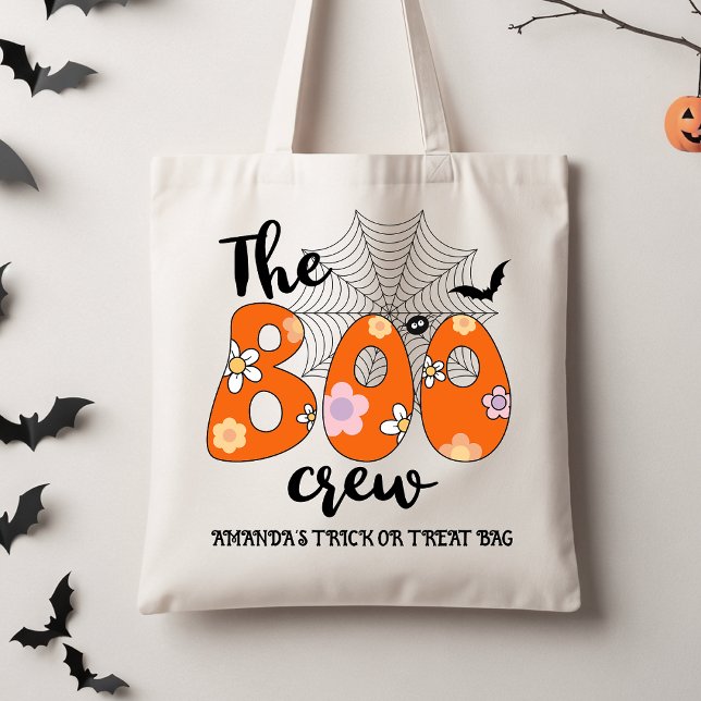 Retro Orange Black Boo Crew Trick Or Treat Tote (Retro The Boo Crew Halloween Tote bag, Kids Halloween Tote, Groovy Halloween Trick Or Treat Tote)