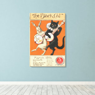 Retro Orange Black Cat White Rabbit Banjo Art Canvas Print