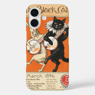 Retro Orange Black Cat White Rabbit Banjo Art iPhone 16 Case