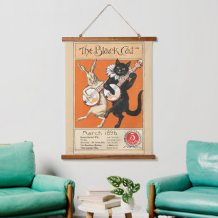 Retro Orange Black Cat White Rabbit Banjo Art Hanging Tapestry