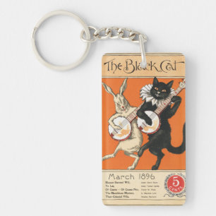 Retro Orange Black Cat White Rabbit Banjo Art Key Ring