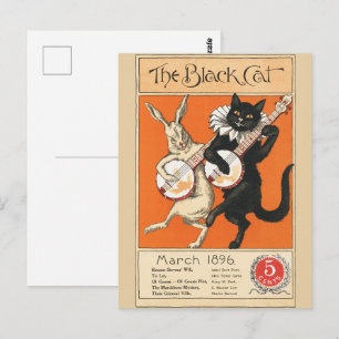Retro Orange Black Cat White Rabbit Banjo Art Postcard