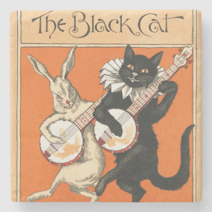 Retro Orange Black Cat White Rabbit Banjo Art Stone Coaster