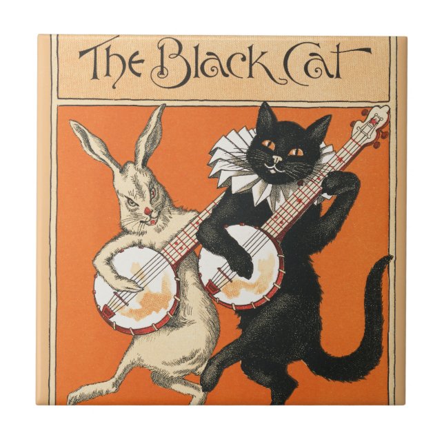 Retro Orange Black Cat White Rabbit Banjo Art Tile (Front)