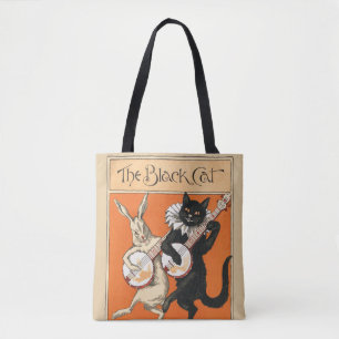 Retro Orange Black Cat White Rabbit Banjo Art Tote Bag