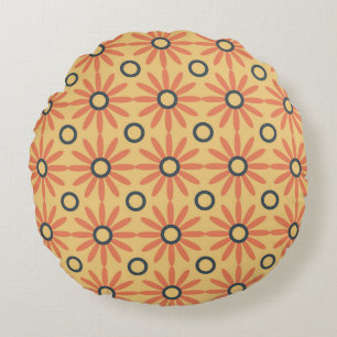 Retro Orange & Black Cute Abstract Floral Pattern Round Cushion