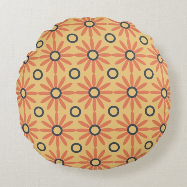 Retro Orange & Black Cute Abstract Floral Pattern Round Cushion (Front)