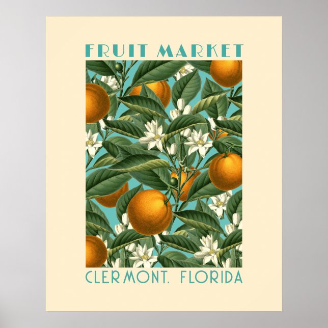 Retro Orange Blossom Fruit Market Blue Poster (Front)