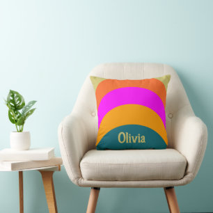 Retro Orange Blue and Magenta Name Text Template Cushion