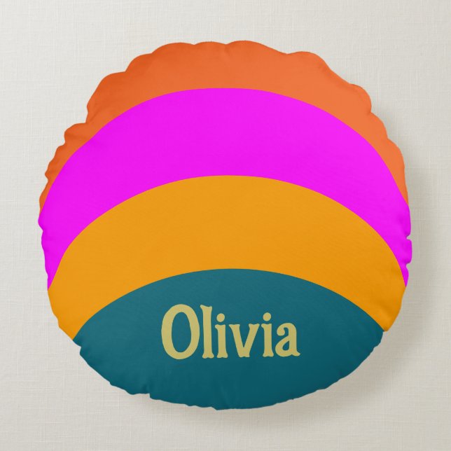 Retro Orange Blue and Magenta Name Text Template Round Cushion (Front)