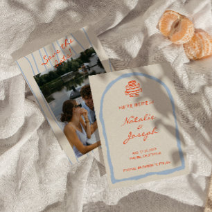 Retro Orange Blue Hand Drawn Trendy Wedding Save The Date