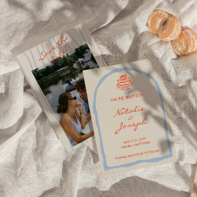 Retro Orange Blue Hand Drawn Trendy Wedding Save The Date (Creator Uploaded)