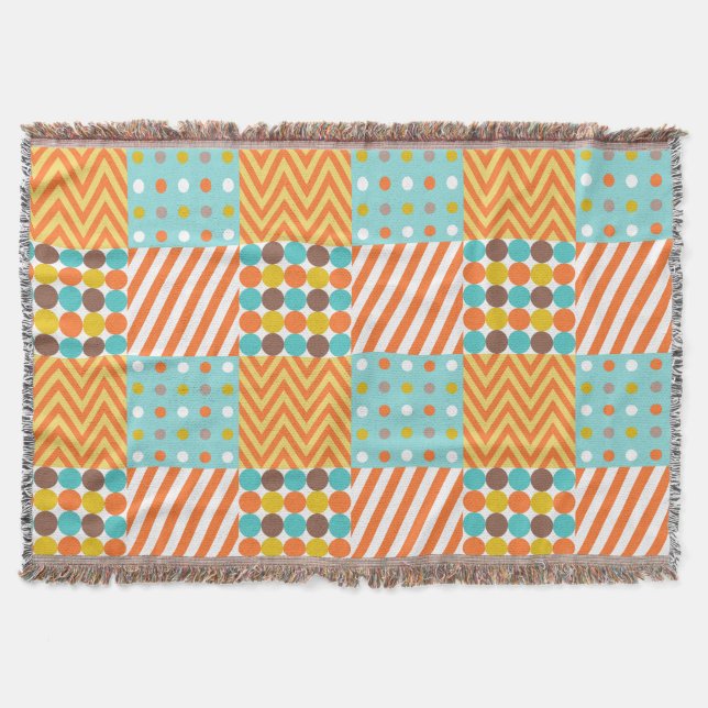 Retro Orange Blue Mustard Yellow Patchwork Pattern Throw Blanket (Front)