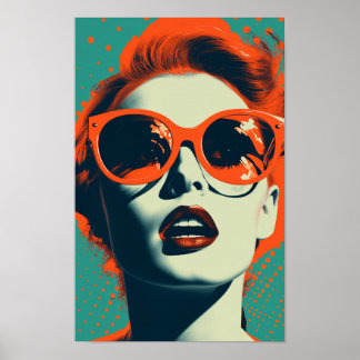 Retro Orange Blue Vintage Woman Sunglasses Art Poster