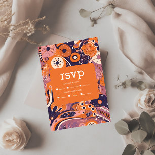 Retro orange blush pink purple groovy wedding RSVP card