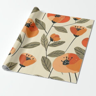 Retro Orange Botanical Bold 70s Vintage Floral Wrapping Paper